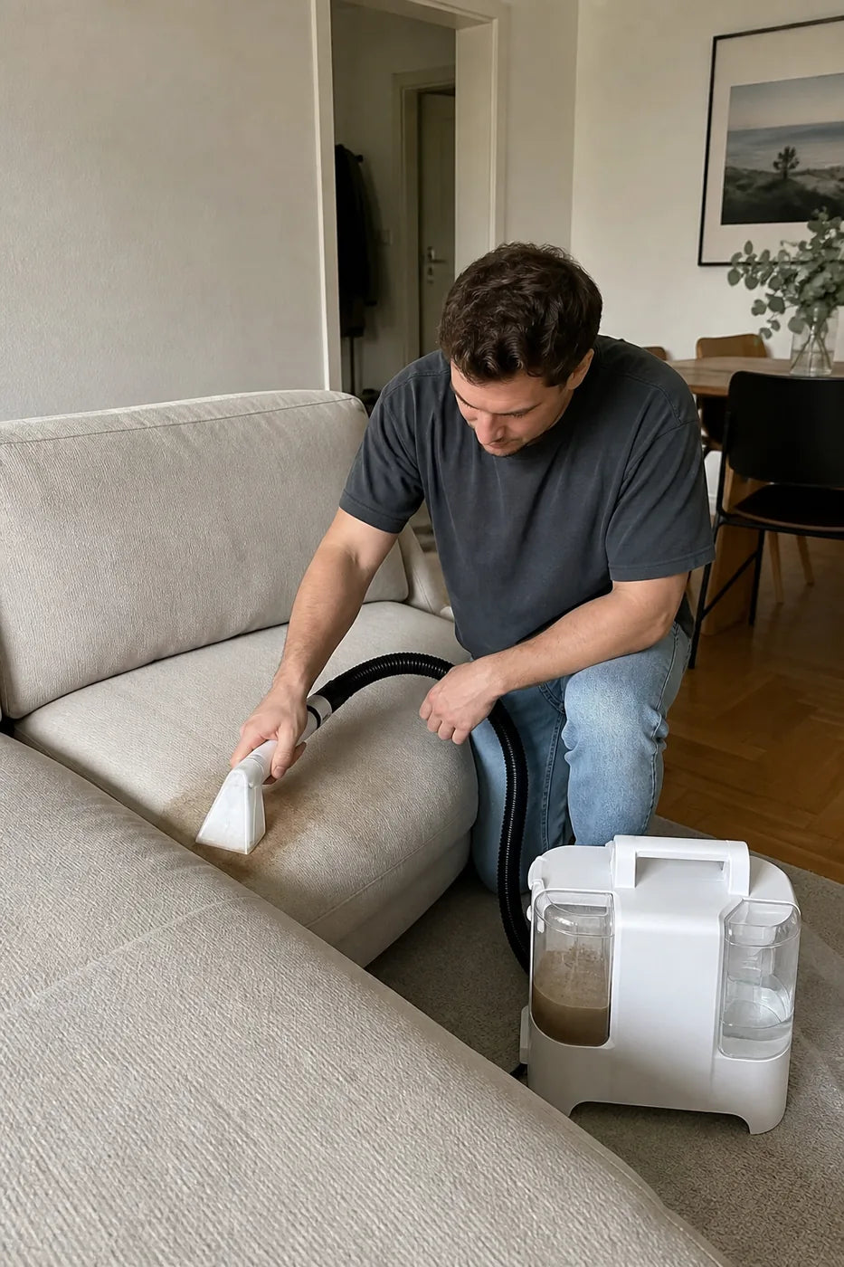 Käuferfoto: Kaffeefleck auf beigem Wohnzimmersofa wird gereinigt